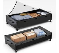 Under Bed Storage with Wheels, 2 Packs Wooden Storage Containers Extra Large Underbed Shoes Organizer, Rolling Under Bed Storage Drawers with Clear Lid, Heavy Duty for Clothes Toys 36"L (Black Wood)