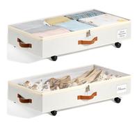 Under Bed Storage with Wheels Set of 2, Underbed Storage Container with Clear Lid Cover, 6.7 Inches Height Rolling Under Bed Drawer Storage Basket Bin Shoe Organizer for Cloth Sheet Sweater
