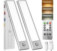 Under Cabinet Kitchen Lights, 20cm LED Motion Sensor Lights Indoor with Remote Control, 3 Color Stepless Dimming, 1500mAh Rechargeable Wall Lights for Cupboard, Kitchen Bedroom, Hallway (2 Pcs)
