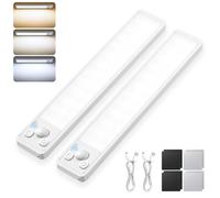Under Cabinet Kitchen Lights Cupboard - LED Motion Sensor 3-Color Rechargeable Strip Light for Wardrobe Indoor USB Wireless Battery Powered Lighting Shelf Counter Closet with Magnetic Stick 2 Pack