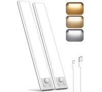 Under Cabinet Kitchen Lights LED, 3200mAh Rechargeable Motion Sensor Lights Indoor, 3 Color Wardrobe Light, Wireless Magnetic USB Powered Strip Stick on Light for Shelf Stairs Counter, 35CM/2 Pack