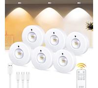 Under Cabinet Kitchen Lights Rechargeable Wireless Puck Lights with Remote, 3 Color Temperatures Battery Operated LED Dimmable Push Lights Round Stick on Wall Display Shelf Cupboard with Timer 6 Pack