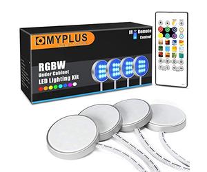 Under Cabinet Lighting, MYPLUS 4 Led Puck Lights Kit with Remote Control Color Change and Natural White,12V Cabinet Lights,20 Single Color,Timing Setting and Dynamic Mode, for Kitchen Cupboard