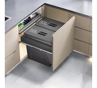 Under Cabinet Pull-Out Trash Can for Kitchen, Soft-Close Slider, Grey ABS Plastic, Includes Lid & Top Storage Tray, Ideal for Under Sink Organization