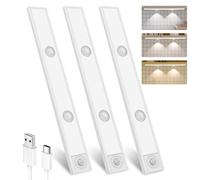 Under Cupboard Kitchen Lights, 3 Pack 30 cm 3 Modes Motion Sensor Under Cabinet Kitchen Lights,2000mAh USB-C Rechargeable Dimmable Wardrobe Light,3 Color Temps Closet Light for Kitchen Stairs Hallway