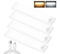 Under Cupboard Kitchen Lights,4 Pack 44 LEDs 3 Modes Motion Sensor Under Cabinet Lights,2000mAh USB Type-C Rechargeable Dimming Wardrobe Light,2 Colo