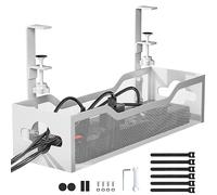 Under Desk Cable Management Tray No Drill, 13.38'' Metal Tray with Clamp for Wire Management, Litwaro Cord Organizer Home Office Damage to Standing Desk, White