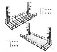 Under Desk Cable Management Tray No Drill, Cable Tray Under Desk, Metal Standing Desk Wire Organizer Basket Clamp for Office Home Cord Tidy Rack, Black,2PCS