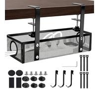 Under Desk Cable Management Tray, No-Drill Mesh Cable Organizer with Side Opening & Clamp - 13.8" Metal Wire Management for Home Office Desk, Black