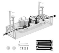 Under Desk Cable Management Tray, No Drill Metal Mesh Cable Management Tray with Clamp Mount, Cord Organiser for Home Office, Standing Desk(White Cable Tray)