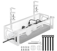 Under Desk Cable Management Tray No Drill, Metal Mesh Cable Management Under Desk with Clamp Mount, Wire Management Tray, Cord Organizer for Home Office, White