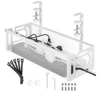 Under Desk Cable Management Tray No Drill, Metal Mesh Clamp-on Cable Tray for Wire Organiser, Desk Accessories Cable Tidy, Cable Management for Home Office Setup, White