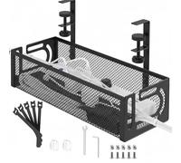 Under Desk Cable Management Tray No Drill, Metal Mesh Clamp-on Cable Tray for Wire Organiser, Desk Accessories Cable Tidy, Cable Management for Home Office Setup, Black