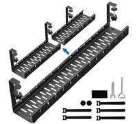 Under Desk Cable Management Tray No Drilling, Extendable Metal Cord Organizer with Clamp, 2-Tier Retractable Holder for Power Strip & Wires, Fits 12-21.6Inch Desks, Black