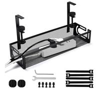 Under Desk Cable Tray, Clamp-On Metal Power Cord Holder, No-Drill Easy Install for Home Office (L-Black)