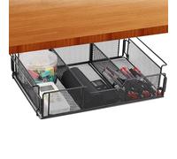 Under Desk Drawer - Metal Tray 22x9x21cm, Black Hidden Storage Basket, Divided Organizer for Pens and Stationery | Office Desk Supplies Holder for Adults Kids Study Room Cabinet