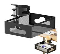 Under Desk Organizer with Cup Holder - 360° Rotating Desk Organizer, Rotating Compartment for Phone, Bottle, Earphones, Charger