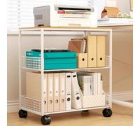 Under Desk Printer Cart with Storage - Metal Frame Rolling Printer Stand with Wheels, Multi-Functional Side Table for Home Office Organization(White,16.5x11.8x24in)