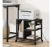 Under Desk Printer Stand with Charging Station, Industrial Printer Table with 3 Storage Shelves, Mobile Heavy Duty Printer Cart with Lockable Wheels for Paper Storage, Home Office,Retro Black