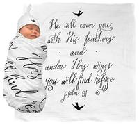 Under His Wings Muslin Swaddle & Bonus Baby Hat with Scripture Quote (Psalm 91) - 100% Organic Unbleached Cotton - Swaddle/Blanket is a Unique Shower & Baptism Gift -