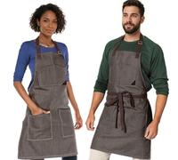 Under NY Sky Chef Apron - Professional Beige Denim - Cotton Straps - Smart Pockets - Adjustable for Men and Women - Pro Chef, Cook, Kitchen, Baker, Barista, Bartender, Server Aprons