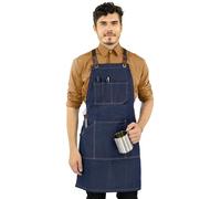 Under NY Sky Essential Apron - Cross-Back with Durable Twill or Denim and Leather Reinforcement (Blue Denim)