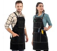 Under NY Sky Essential Black Apron - Heavy Duty Waxed Canvas, Cross-Back with Split-Leg, Leather Reinforcement - Adjustable for Men, Women, Pro Mechanic, Welding, Woodwork, Blacksmith, Server Aprons