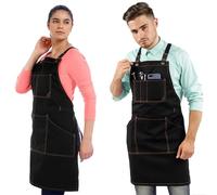 Under NY Sky Essential Deep Black Apron - Cross-Back with Durable Twill and Leather Reinforcement - Adjustable for Men and Women - Pro Chef, Tattoo Artist, Baker, Barista, Bartender, Server Aprons