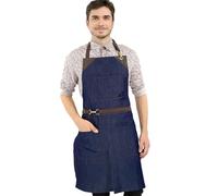 Under NY Sky No-Tie Classic Blue Apron - Durable Denim, Leather Reinforcement and Split-Leg - Adjustable for Men and Women - Pro Chef, Barista, Bartender, Baker, Stylist, Tattoo, Artist, Server Aprons