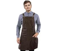 Under NY Sky Real Leather Apron - Brown Leather Body, Pockets and Crossback Straps - Split-Leg, Lined - Adjustable for Men and Women - Pro Chef, Barista, Barber, Woodworker, Shop, Bartender, Maker