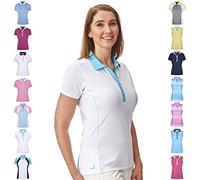 Under Par Golf Pro Quality Breathable Wicking 5 Styles 10 Colours Sleeved & Sleeveless Golf Polo Shirt Women's, Style 1826 - White/Summer Blue, 18