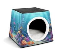 Under Sea Cat Bed for Indoor Cats - Foldable Cat & Dog House with Removable Cozy Cushion, Waterproof Oxford Washable Pet House for Small Pets 13.8" X 13.8" X 11.8"