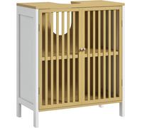 Under Sink Cabinet White Bamboo MDF 60x30x70cm Slatted Door U-Cut Adjustable Leg