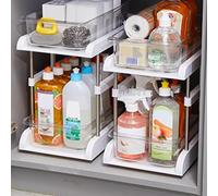 Under Sink Organiser, Height Adjustable Under Sink Shelf & Storage with 6 Sliding Wheels, Under Cabinet Organizer with Removable Pull Out Drawer for Kitchen/Bathroom/Living Room