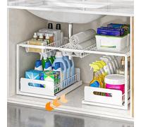 ママ倉 Under Sink Organizer,2 Tier Slide Out Kitchen Cabinet Organizer,Under Sink Storage for Bathroom Kitchen,White