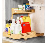 Under Sink Organizer, Premium Bamboo Wood Pull Out Cabinet Organizer, Height Adjustable 2 Tier Slide Out Shelf Cabinet Storage Shelves, Under Sink Storage for Kitchen Bathroom