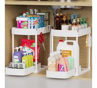 Under Sink Storage 2 Tier Sliding Organiser, Multi-Purpose Shelf Organiser, Pull Out Cabinet Basket Drawer with 4 Hooks for Bathroom & Kitchen, 2 Pack(White)