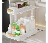 Under Sink Storage Kitchen Organiser, 2 Tier Pull Out Kitchen Sliding Basket, Metal Under Sink Cabinet Organiser with Sliding Storage Drawer, Pull Out Undersink Rack for Bathroom Cupboard -Whit