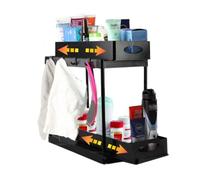 Under Sink Storage Kitchen Organiser - Multipurpose Sliding 2-Tier Under Sink Organiser for Bathroom or Kitchen - Top & Bottom Slide Out with 4 Hooks 39.50x20x35.5cm (Black)