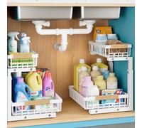 Under Sink Storage Metal 2 Packs, 2 Tier Under Sink Organiser- Upgraded 3.0 Version, Sliding Kitchen Storage & Organisation Multi-Purpose Pull Out Cupboard Organiser for Kitchen, Bathroom(White)