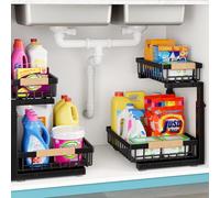 Under Sink Storage Metal 2 Packs, 2 Tier Under Sink Organiser- Upgraded 3.0 Version, Sliding Kitchen Storage & Organisation Multi-Purpose Pull Out Cupboard Organiser for Kitchen, Bathroom & Pantry