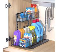 Under Sink Storage Organiser, 2 Tier Pull Out Kitchen Sliding Basket, Metal Cabinet Sliding Basket Drawer Rack, Multi-Purpose Under Sink Organizer Racks for Kitchen, Bathroom, Countertop (Black)