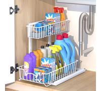Under Sink Storage Organiser, 2 Tier Pull Out Kitchen Sliding Basket, Metal Cabinet Sliding Basket Drawer Rack, Multi-Purpose Under Sink Organizer Racks for Kitchen, Bathroom, Countertop (White)