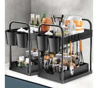 Under Sink Storage, Sink Shelf Organisation for Kitchen Bottom Slide Out Basket Sliding Kitchen Storage with Handle Under Sink Shelf Home Organisation for Cabinet with 8 Hooks, 2 Hanging Cup (2 Pack)