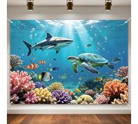 Under The Sea Backdrop 7x5FT, Ocean Backdrop,Ocean Underwater World Shark, Turtle and Fish Coral Photography Background for Party Decorations