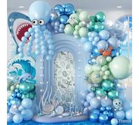 Under the Sea Balloons Garland Arch Kit, 123pcs Dusty Blue Teal Pastel Green Metallic Blue Green Ocean Balloon with Transparent Balloons for Shark Baby Shower Sea Animal Birthday Party Decorations