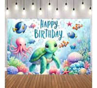 Under the Sea Birthday Party Backdrop, Ocean Theme Banner, Dolphin, Turtle, Octopus & Fish, Underwater World Photo Booth Background for Kids (Ocean Birthday)