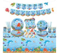 Under the Sea Birthday Party Decoration, Under the Sea Party Accessories, Plates Cups Napkins Tablecloth Happy Birthday Banner Cake Toppers for Underwater World Birthday Decorations