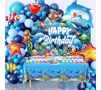 Under The Sea Birthday Party Decorations Set Including Backdrop,Banner,Balloon Garland Arch, Tablecloth, Cake Toppers