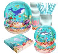 Under the Sea Birthday Party Supplies Decorations, Ocean Theme Paper Plates and Napkins Set for 24 Guests, 120 Pcs Disposable Sea Animals Party Dessert Dinnerwares